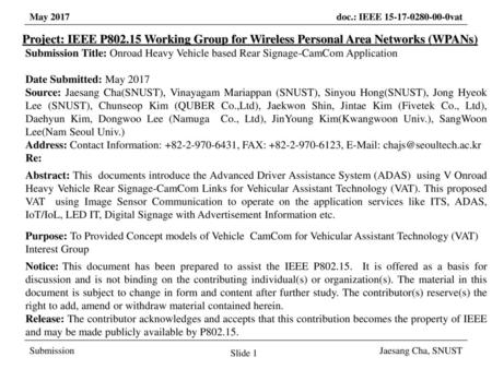 March 2017 Project: IEEE P802.15 Working Group for Wireless Personal Area Networks (WPANs) Submission Title: Onroad Heavy Vehicle based Rear Signage-CamCom.