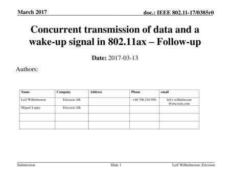 2018-06-272018-06-27 doc.: ? March 2017 Concurrent transmission of data and a wake-up signal in 802.11ax – Follow-up Date: 2017-03-13 Authors: Leif Wilhelmsson,