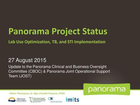 Panorama Project Status Lab Use Optimization, TB, and STI Implementation 27 August 2015 Update to the Panorama Clinical and Business Oversight Committee.