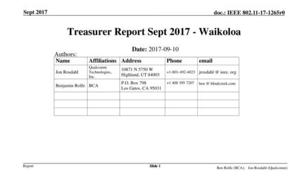 Treasurer Report Sept Waikoloa