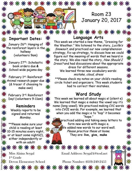 Room 23 January 20, 2017 Language Arts Word Study Important Dates: