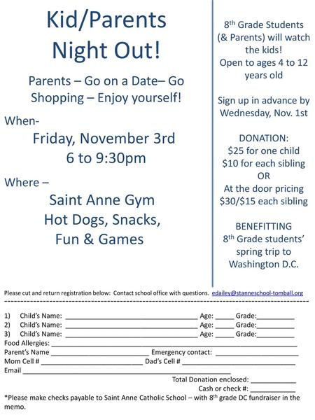 Kid/Parents Night Out! 6 to 9:30pm Hot Dogs, Snacks, Fun & Games