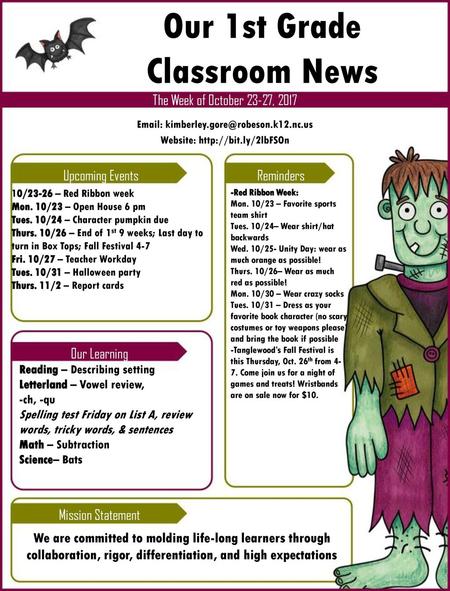 Our 1st Grade Classroom News The Week of October 23-27, 2017