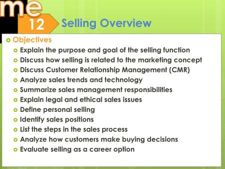Objectives Explain the purpose and goal of the selling function