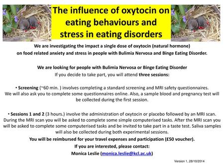 The influence of oxytocin on eating behaviours and stress in eating disorders We are investigating the impact a single dose of oxytocin (natural hormone)