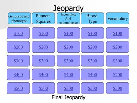 Jeopardy Final Jeopardy Punnett Squares Topic 3 Blood Type Vocabulary