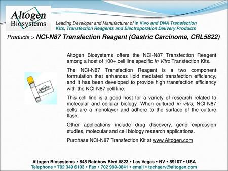 Altogen labs Leading Developer and Manufacturer of In Vivo and DNA Transfection Kits, Transfection Reagents and Electroporation Delivery Products Products.