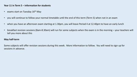 Year 11 in Term 5 – information for students
