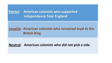 Patriot:    American colonists who supported