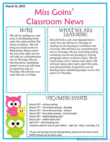 Miss Goins’ Classroom News March 16, 2015