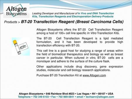 Products > BT-20 Transfection Reagent (Breast Carcinoma Cells)