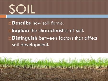 SOIL Describe how soil forms. Explain the characteristics of soil.