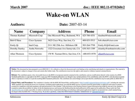 Wake-on WLAN Authors: Date: March 2007 Month Year
