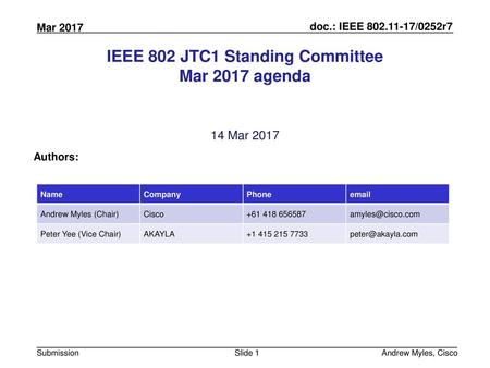 IEEE 802 JTC1 Standing Committee Mar 2017 agenda