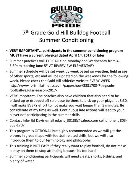 7th Grade Gold Hill Bulldog Football Summer Conditioning