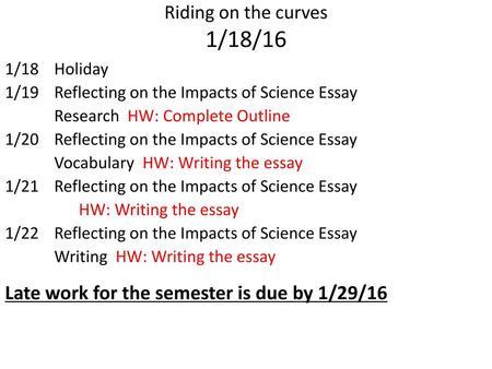 Late work for the semester is due by 1/29/16