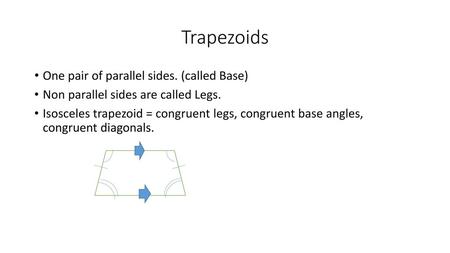 Trapezoids One pair of parallel sides. (called Base)