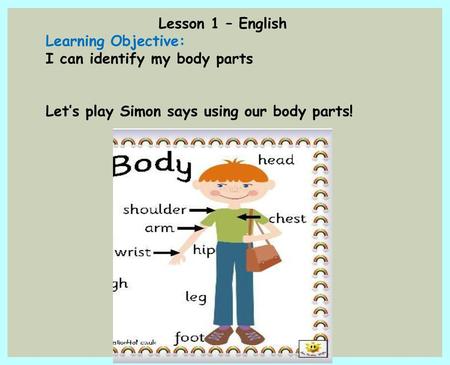 Lesson 1 – English Learning Objective: I can identify my body parts