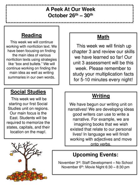A Peek At Our Week October 26th – 30th Reading Math Social Studies
