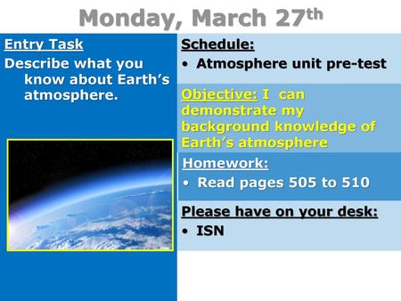 Monday, March 27th Entry Task Describe what you know about Earth’s atmosphere. Schedule: Atmosphere unit pre-test Objective: I can demonstrate my background.