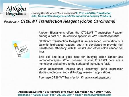 Products > CT26.WT Transfection Reagent (Colon Carcinoma)