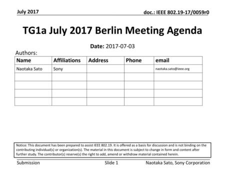 TG1a July 2017 Berlin Meeting Agenda