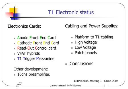 T1 Electronic status Conclusions Electronics Cards: