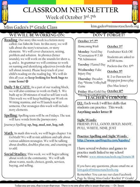 CLASSROOM NEWSLETTER Week of October 3rd-7th