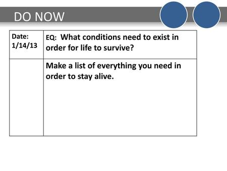 DO NOW Make a list of everything you need in order to stay alive.