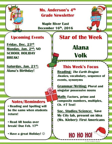 Alana Volk Star of the Week Ms. Anderson’s 4th Grade Newsletter