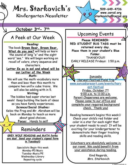 Mrs. Starkovich’s Reminders Upcoming Events A Peek at Our Week