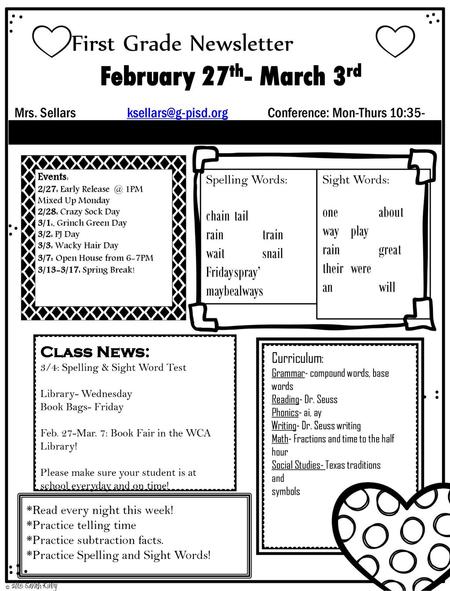 February 27th- March 3rd First Grade Newsletter one about chain tail