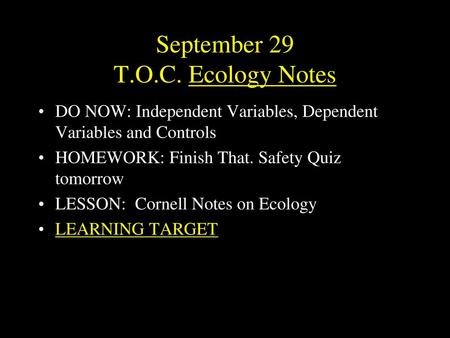 September 29 T.O.C. Ecology Notes