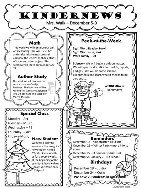 Kindernews Mrs. Walk – December 5-9 Peek-at-the-Week Math Author Study
