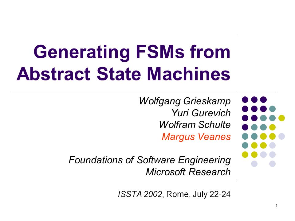 1 Generating FSMs from Abstract State Machines Wolfgang Grieskamp Yuri  Gurevich Wolfram Schulte Margus Veanes Foundations of Software Engineering  Microsoft. - ppt download