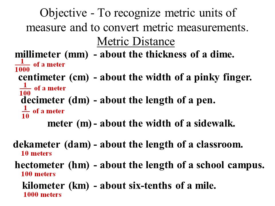 Objective To Recognize Metric Units Of Measure And To Convert Metric Measurements Meter M Metric Distance About The Width Of A Sidewalk Decimeter Ppt Download