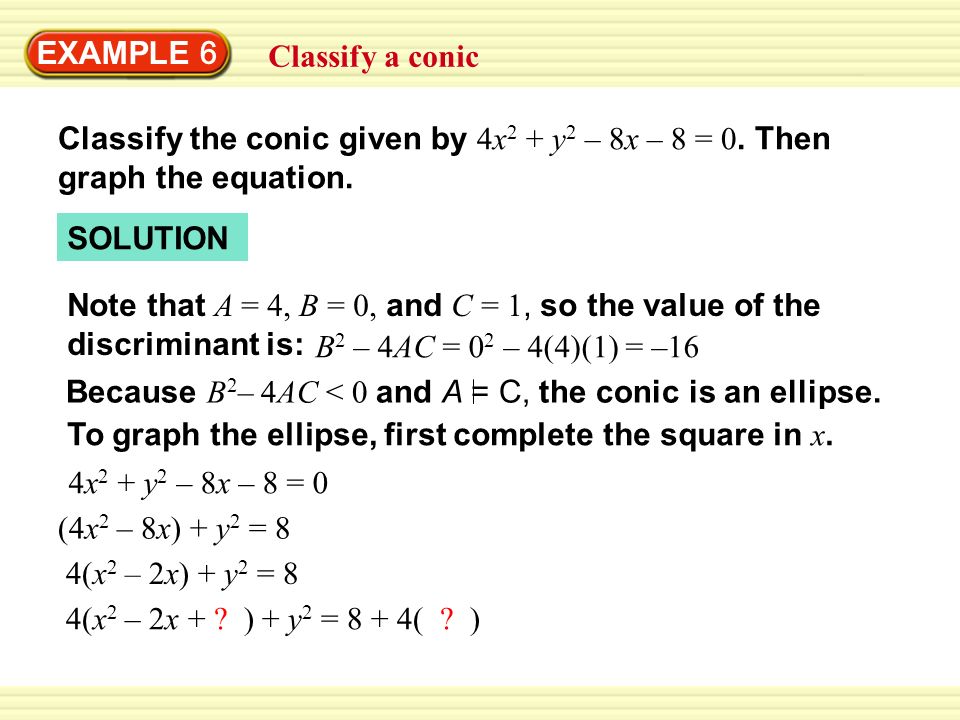 4 X 2 2x Y 2 8 4 Example 6 Classify A Conic Classify The Conic Given By 4x 2 Y 2 8x 8 0 Then Graph The Equation Solution Note Ppt Download