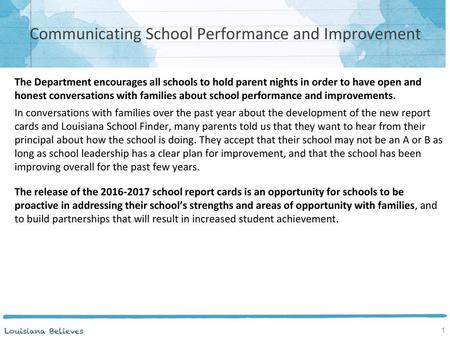 Communicating School Performance and Improvement