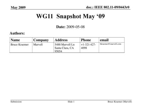WG11 Snapshot May ‘09 Date: Authors: Name Company Address