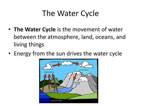 The Water Cycle The Water Cycle is the movement of water between the atmosphere, land, oceans, and living things Energy from the sun drives the water cycle.