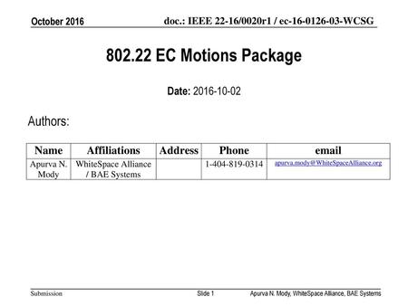 EC Motions Package Authors: Date: October 2016