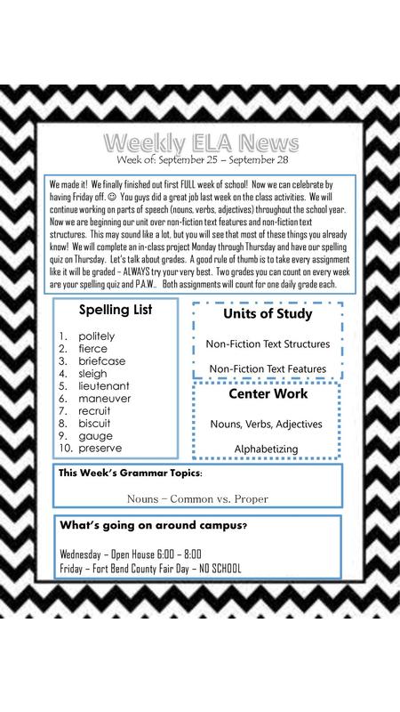 Weekly ELA News Spelling List Units of Study Center Work