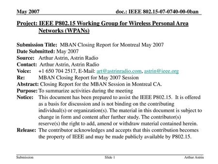 May 2007 Project: IEEE P802.15 Working Group for Wireless Personal Area Networks (WPANs) Submission Title: MBAN Closing Report for Montreal May 2007 Date.
