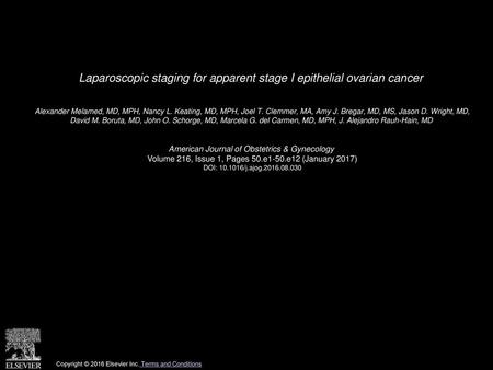 Laparoscopic staging for apparent stage I epithelial ovarian cancer