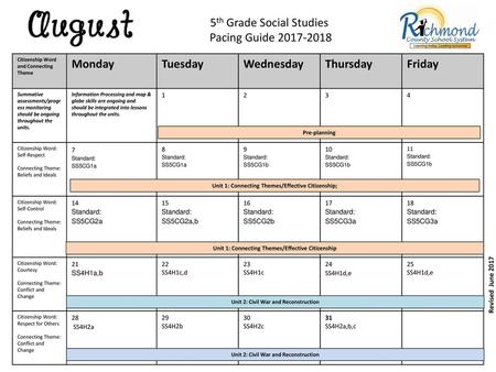 5th Grade Social Studies Pacing Guide Monday Tuesday