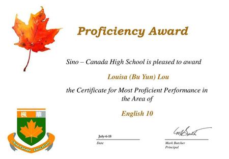 the Certificate for Most Proficient Performance in the Area of
