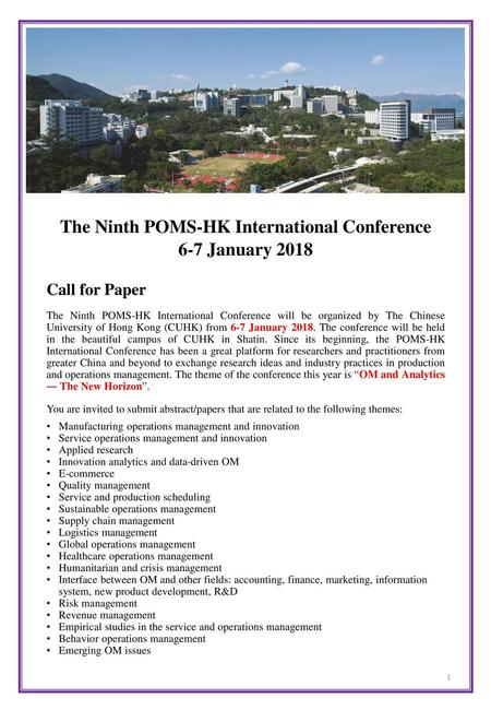 The Ninth POMS-HK International Conference