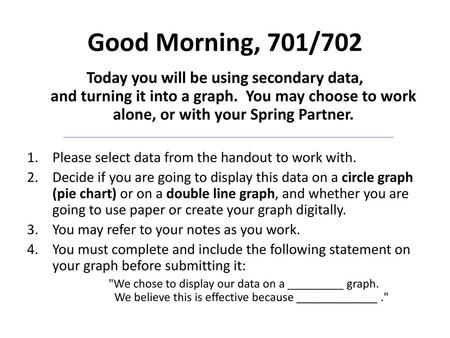 Good Morning, 701/702 Today you will be using secondary data, and turning it into a graph. You may choose to work alone, or with your Spring Partner.