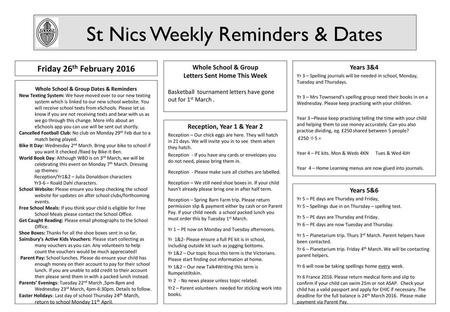 St Nics Weekly Reminders & Dates