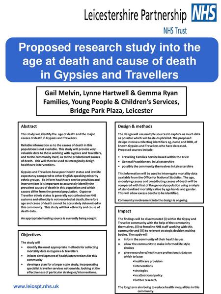 Proposed research study into the age at death and cause of death in Gypsies and Travellers Gail Melvin, Lynne Hartwell & Gemma Ryan Families, Young People.